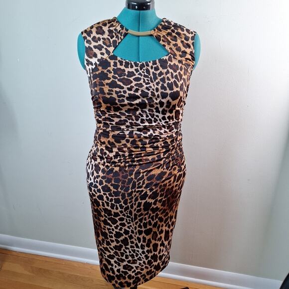 Vintage Y2K Cache Animal Print Leopard Print Bodycon Dress Ruched Women Size 10 - Picture 1 of 8
